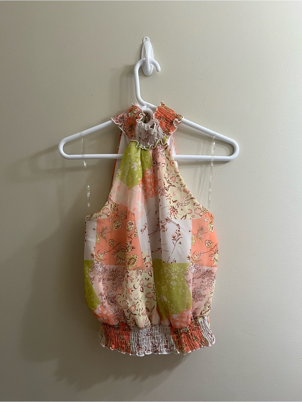 Smocked Halter Patchwork Floral Top Peach Love California Small